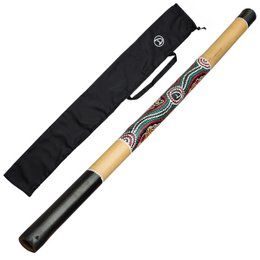 Multicolored bamboo didgeridoo musical instrument, 120cm long, with a nylon carrying bag included.