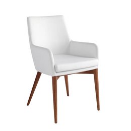 Upholstered dining chair with walnut-colored wooden frame.