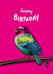Colorful birthday card with a vibrant parrot perched on a branch against a bright pink background. The card features the text "Happy Birthday" in a handwritten style.
