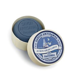 Exfoliating soap "Au bon Air du Large" in wooden box, 100g. Natural, handmade soap with a fresh, maritime scent. Wooden box packaging.