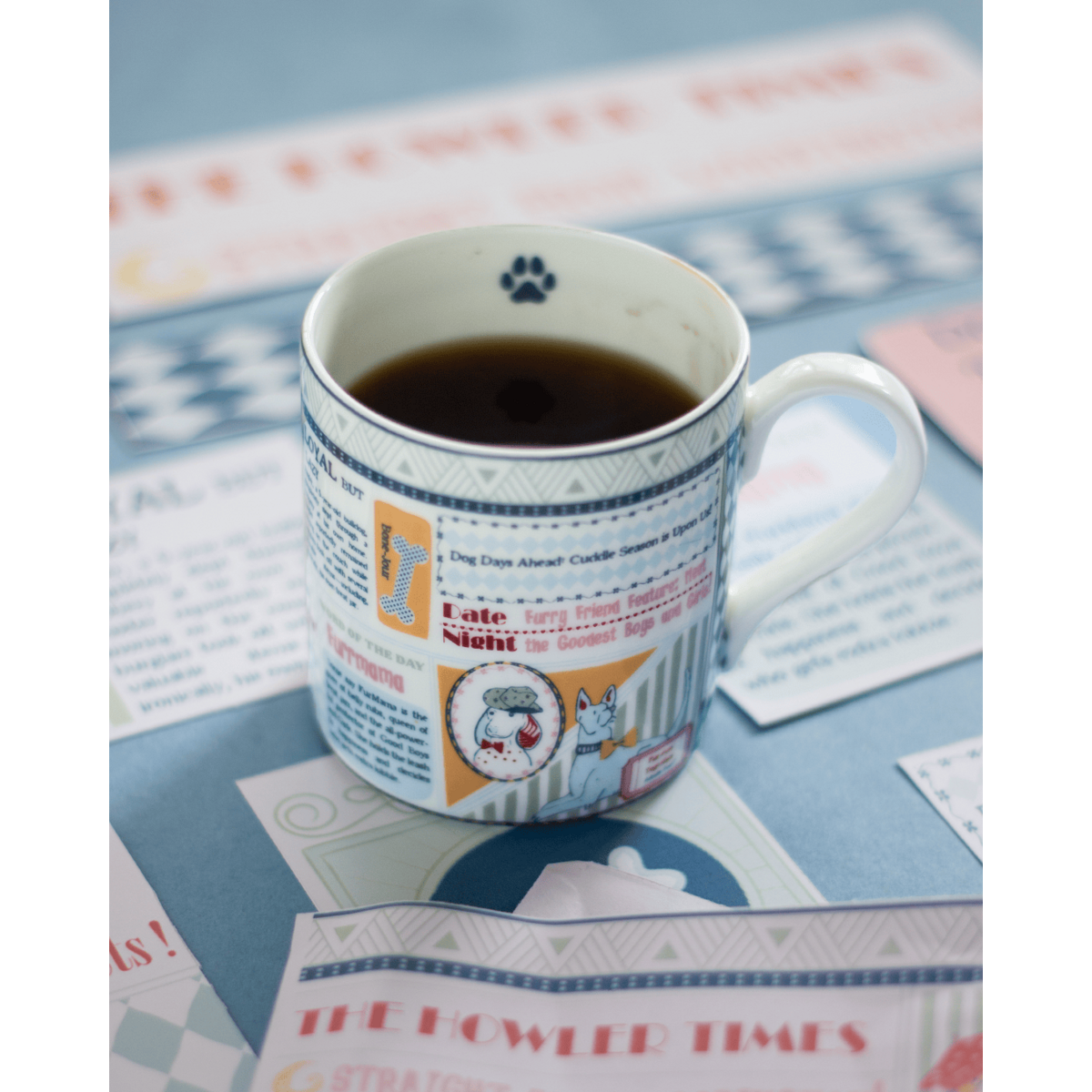 Fine China Mug Newspaper Print - Playful Illustrations, 300ml