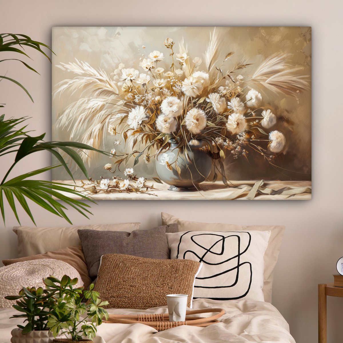 Canvas schilderij  - Wanddecoratie - Bloemen - Vaas - Stilleven - Beige