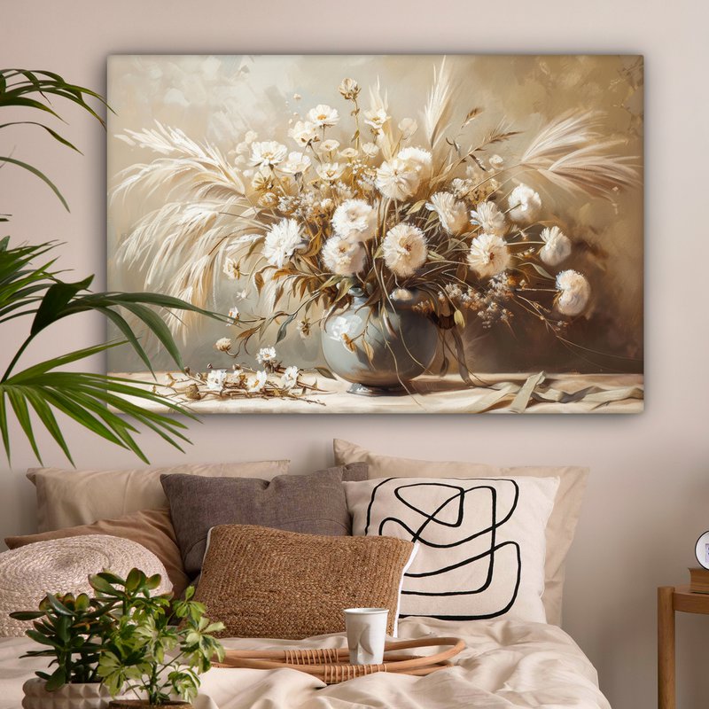 Canvas schilderij  - Wanddecoratie - Bloemen - Vaas - Stilleven - Beige