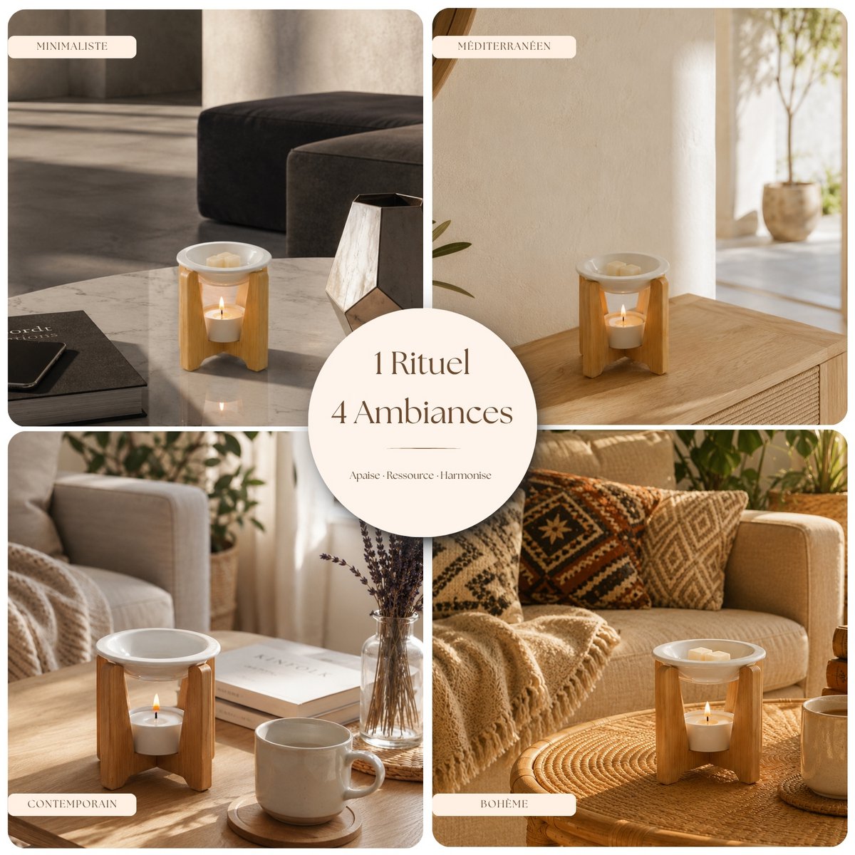 Bruciaprofumi Serie Simplicity - Arco - Ceramica Laccata e Bambù - Idea Regalo - Decorazione Semplice e Moderna
