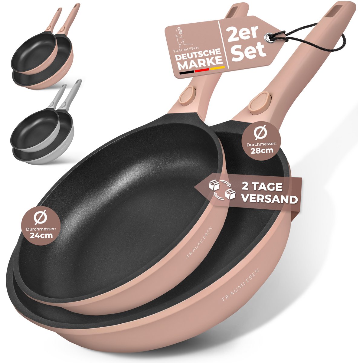 Zestaw PFANNET 24/28 cm nie powłoka, zdejmowane uchwyty, indukcja, festiwal piekarnika (różowy)