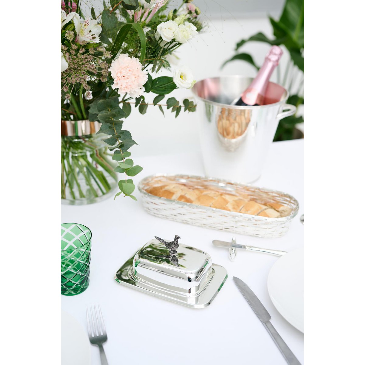EDZARD butter dish pheasant 13x18 cm, H 9 cm, glass insert, silver-plated, with butter knife