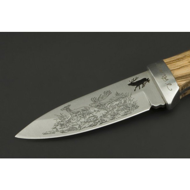 ED MAHONY Red Deer, couteau de chasse par Detlef Ritter, avec dessin d'art de 2 cerfs rouges sur la lame