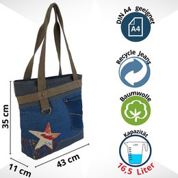 Sunsa dameshandtas. Shopper in vintage retrostijl. Schoudertas gemaakt van upcycled jeans. Grote veganistische tas