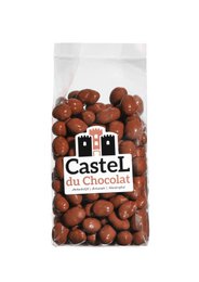 Chocolate-covered peanuts, round and smooth in shape, with a rich, creamy milk chocolate coating.