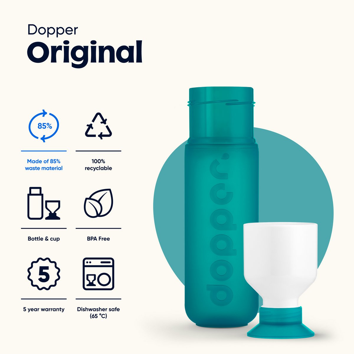 Dopper Original Botella de agua reutilizable Tidal Teal 450ml