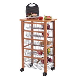 A wooden kitchen storage cart with wire mesh baskets and shelves, suitable for storing and organizing kitchen items.