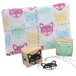 Smiling Fox Head Wooden Rubber Stamp