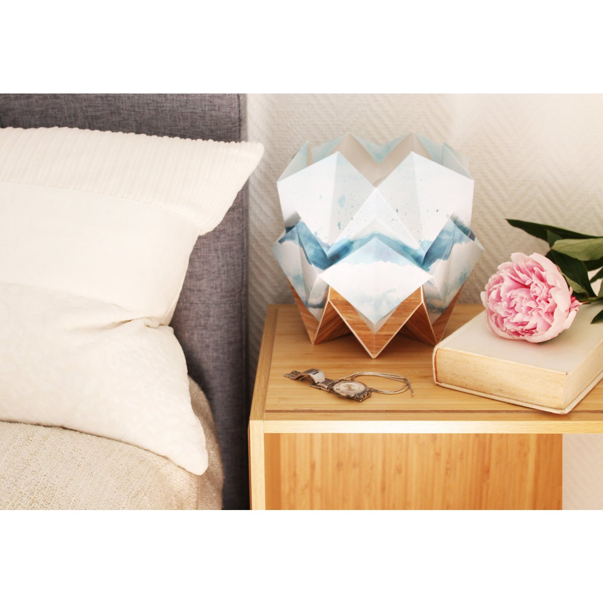 Origami Table Lamp in EcoWood and Paper - Summer Pattern - size S