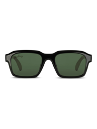 Stylish rectangular sunglasses in black and amber frames with green lenses. Suitable for casual and formal wear.