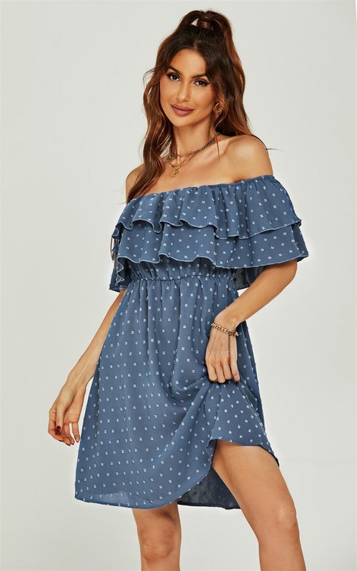 Bardot Frill mini kjole i blå