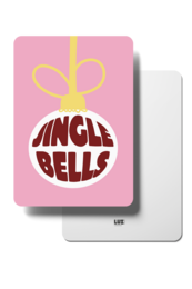  A festive Christmas card featuring a red and gold ornament with the text "Jingle Bells" on a pink background.