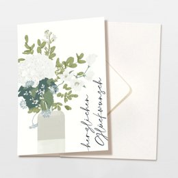 Folded card with envelope, congratulations, vase with bouquet of flowers, FSC certified. Floral arrangement in a vase with green leaves and white flowers.