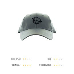 Gray baseball cap with black reflective logo. Adjustable strap for comfortable fit. Suitable for outdoor activities and casual wear.