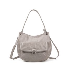 A gray hobo-style handbag with a large front pocket and adjustable shoulder strap. The bag has a soft, slouchy silhouette and a minimalist design.