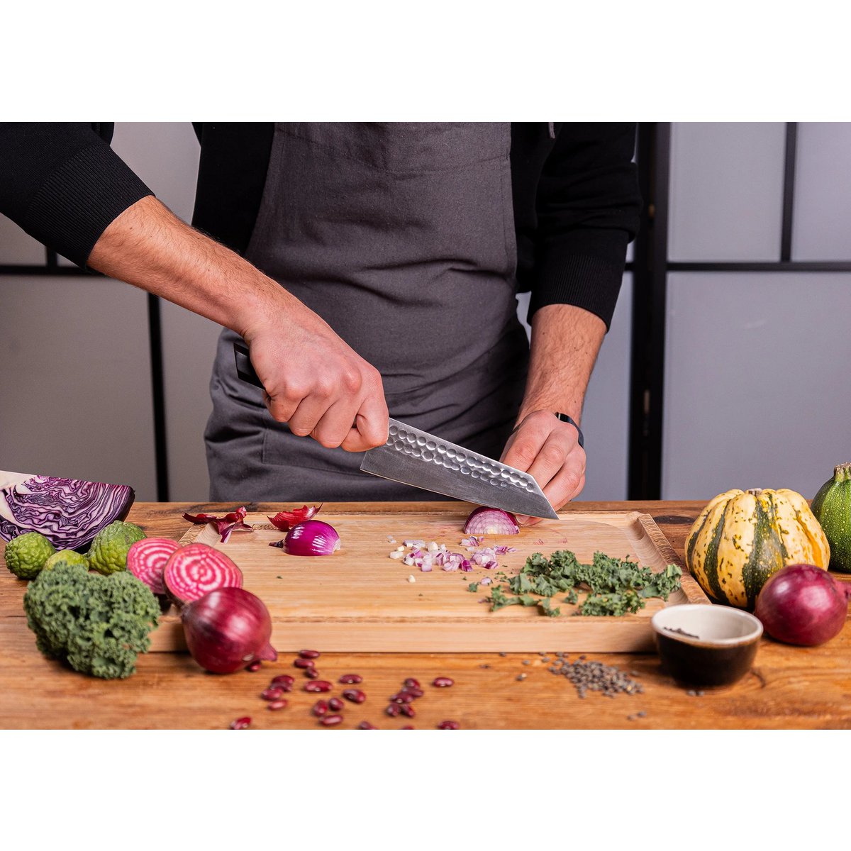 Knife - Bunka Santoku with bamboo Saya and bamboo box - 170 mm blade