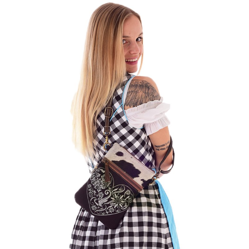 Traditionele tas van Domelo. Dames schoudertas. Dirndl schoudertas gemaakt van canvas en leer. Handtas in traditionele stijl met hartedelweissprint. Crossbodytas voor dames als Oktoberfest-accessoire.