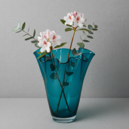 Turquoise glass vase with wavy design, 21 x 21 x 30 cm in size, suitable for displaying flowers or other decorative items.
