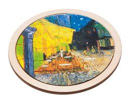Vincent Van Gogh Night Cafe art puzzle, yellow cafe, blue starry sky, colorful impressionist painting pieces