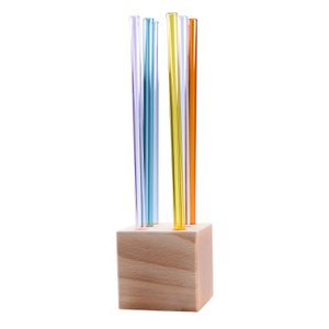 Wooden cube made of beech wood with 6 colorful glass drinking straws