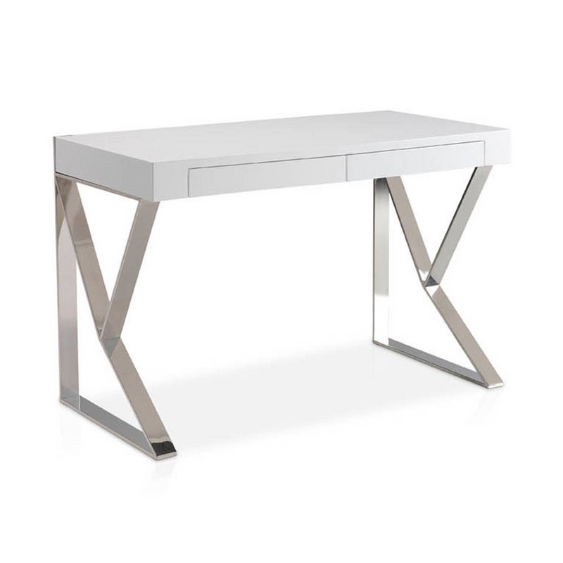 White wooden office desk and chrome steel