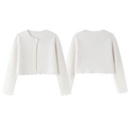 Ecru-colored cropped cardigan with scalloped edges, suitable for party fashion accessories.