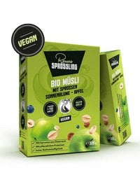 Organic muesli with sprouts of sunflower and apple, a healthy granola product available in 1x325g, 3x325g, and 7x325g packages.
