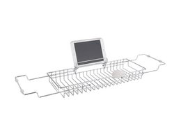 A chrome bath tub caddy with a wire rack for holding items like soap, shampoo, or a tablet while bathing.