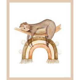 Colorful, whimsical illustration of a sleeping sloth on a rainbow-shaped frame. Suitable for a child's bedroom or nursery decor.
