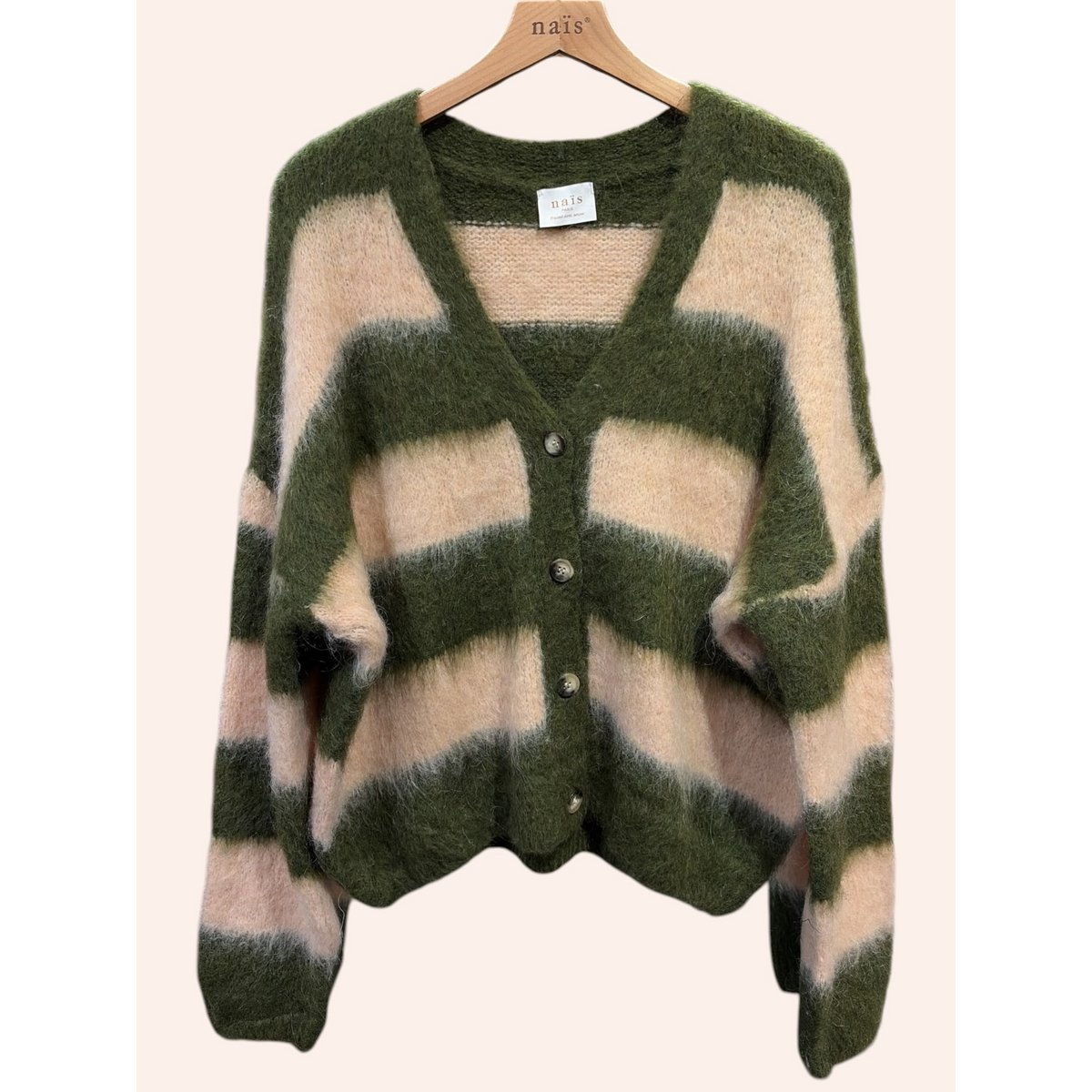 Cardigan col V à rayures manches longues en kid mohair et laine