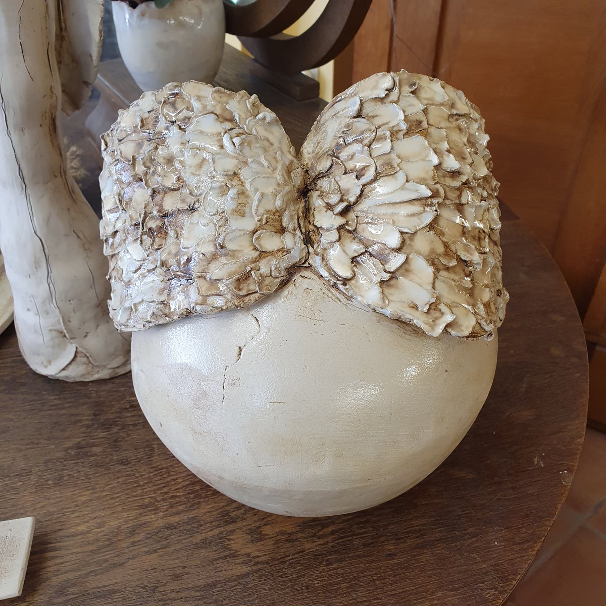 Grave decoration, ceramic, ball, D= approx. 18 cm, ceramic ball, wings attached, unique, frost-proof decoration, handwork, gift, grave decoration