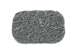 A gray, oval-shaped soap dish made of interwoven metal wires.