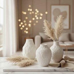 Les Fleurs "Bamboo" - Vase for Dried Flowers like Pampas Grass, 11 x 7.5 cm, Round Ceramic Vase with Petal Pattern