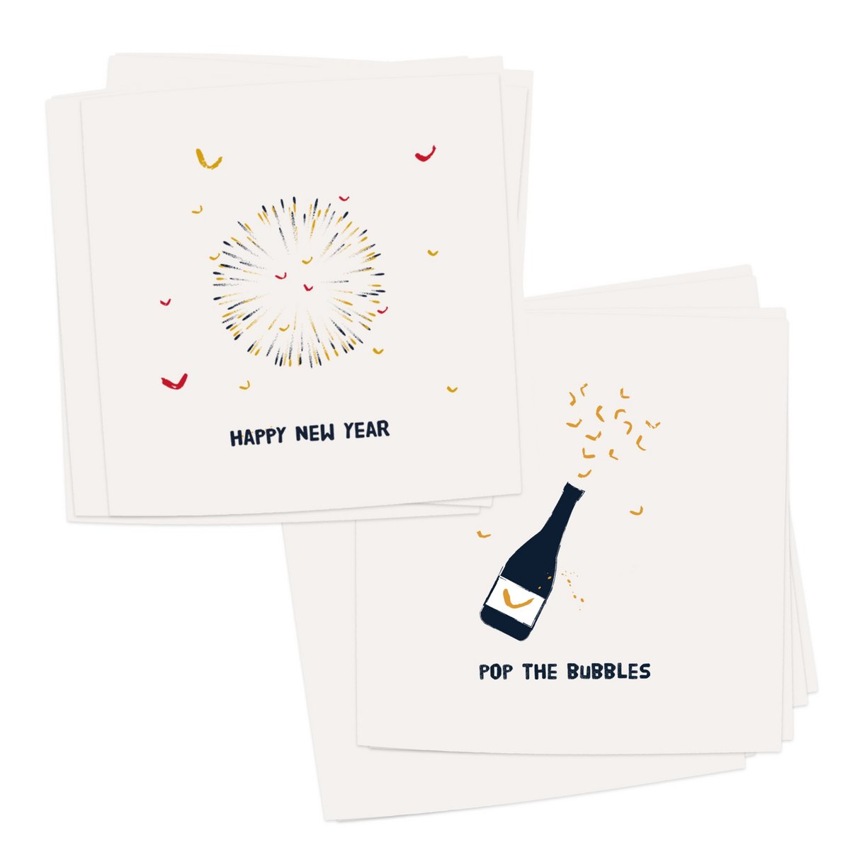 Lot de 10 cartes de vœux avec enveloppe | BONNE ANNEE - VACANCES | nouvel an - bonne année - feu d'artifice - champagne - fête | carte pliée - blanc cassé mat - papier biotop de qualité lourde