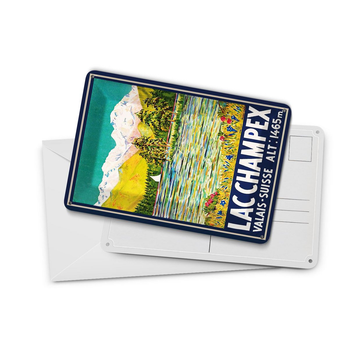 Cartolina in latta da viaggio 10x14 cm Lac Champex valais Suisse 1465 m Insegna decorativa