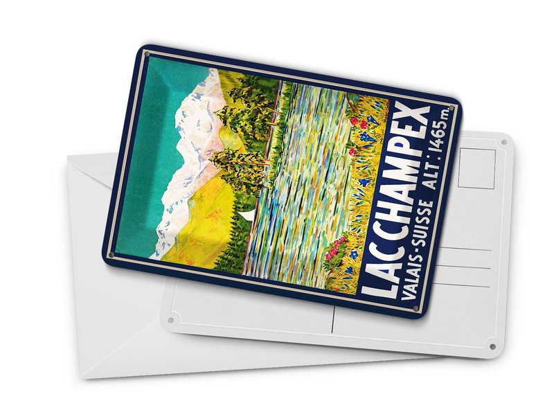 Cartolina in latta da viaggio 10x14 cm Lac Champex valais Suisse 1465 m Insegna decorativa