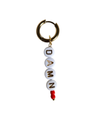  Hoop earrings with dangling beads spelling out "damn" in a playful, stylish design.