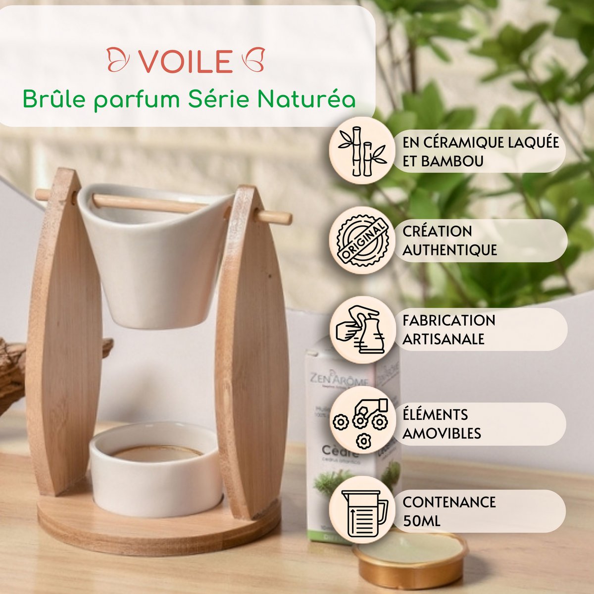 Quemador de perfume Serie Naturea - Velo - Ceras fundentes y perfumadas - Vela de bambú y cerámica - Fragancia para el hogar - Idea de regalo