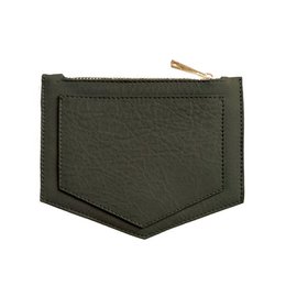 A compact, minimalist wallet in a graphite grey color with a textured leather-like material. The wallet features a simple, clean design with a zippered compartment and a small metal accent.