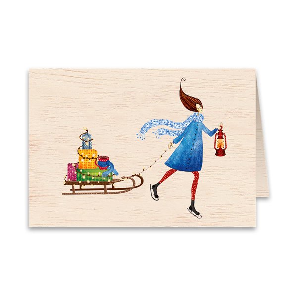 Cartolina d'auguri piegata di legno di Natale della slitta