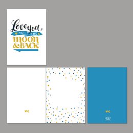 A double card with the text "Love you to the moon and back" in a colorful, hand-lettered style. The card features a white background with scattered gold and blue dots, creating a whimsical and celebratory design. This friendship card is perfect for expressing heartfelt sentiments.
