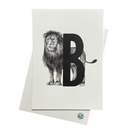 A black and white image of a lion with the letter 'B' displayed prominently. The image appears to be a letter card or greeting card featuring a lion illustration.