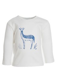White long-sleeve baby t-shirt with blue deer print on the front