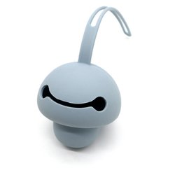 Dusty blue pacifier holder with a cute, smiling face design. Made of soft, durable silicone material. Attaches securely to clothing or diaper bags to keep pacifiers close at hand.