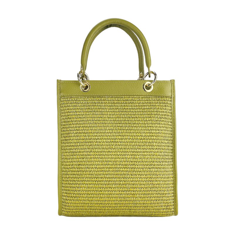 RB1026CM | Verticale dameshandtas van echt leer en stro, gemaakt in Italië. Afneembare en verstelbare lederen schouderband. Accessoires van gepolijst goud - Pistachekleur - Afmetingen: 24 x 29 x 9 cm