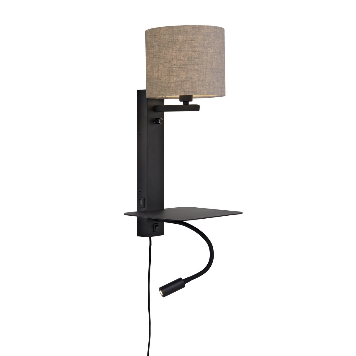 Wandlamp Florence plank+usb+leeslamp/kap 1815 d.linnen